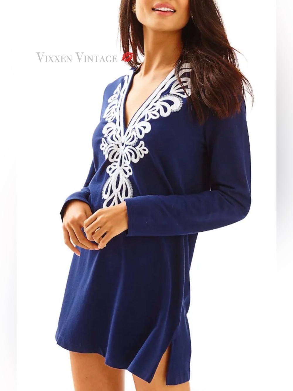 LILLY PULITZER 2016 EMBROIDERED ‘NOELLE HOODED COVERUP TUNIC’ IN NAVY